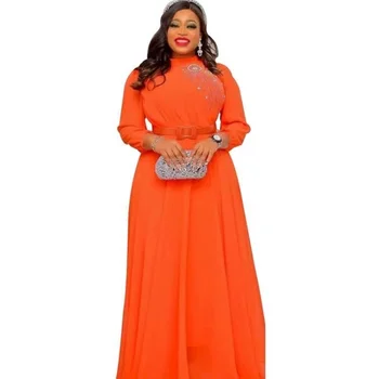 Aafrika Maxi Kleidid Naistele Vöö Diamond Impeeriumi Aafrika Riietus Mood Uusi Tahke Sifonki Kleit Aafrika Office Lady Kleit 2022