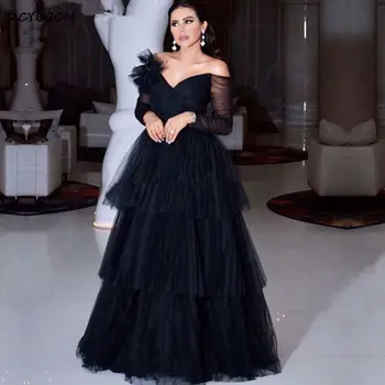 Elegantne Must Araabia Täis Varrukad Ametlik Õhtukleidid 2022-Line Maha Õla Tülli Astmeline Pool Kõnniteed Kleit Vestidos De Noche