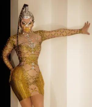 Hõbe Rhinestone Kuld Muster Narmastega Kleit Pärlid Sünnipäeva Kõnniteed Õhtul Lühike Kleit Naiste Tantsija Show Laulja Kostüüm