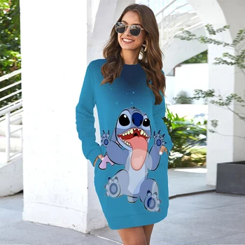 Kevad ja Sügis Disney Stitch Prindi Vabaaja Pikkade varrukatega Cartoon ümber Kaela Kampsun Kleit Naiste Tasku Kampsun Y2k
