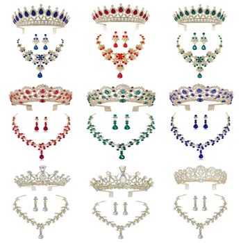 Luxury Crystal Pulmakleidid Ehted Seatud Tiara Võra Pruut Ehtekomplekt Tiara Crown Kaelakee Sinine Roheline Juuksed Tarvikud Pulmad