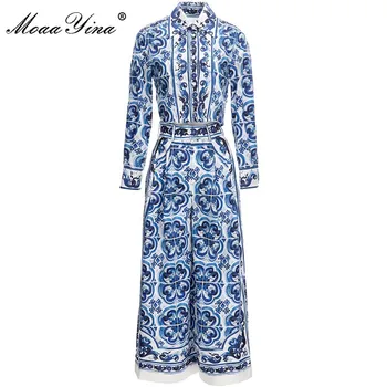 MoaaYina Moe Raja Sügis-Talve Komplekt Püksid Naiste Pika Varrukaga Sinine ja Valge Portselan Print Särk ja Püksid, 2 tk Ülikond