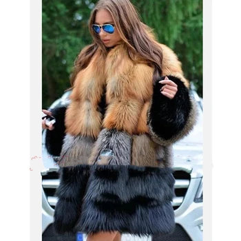 Naiste Pikk Faux Fur Coat Talve Mood Suured Paks Soe Karvase Jope Kollane ja Must Kontrastsuse Õmblemisega Kasukas Lugentolo