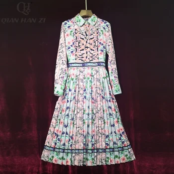Qian Han Zi 2020 Disainer Moe Raja Naiste Kleit Pikk Varrukas Lill Printida Elegantselt Plisseeritud keskmise pikkusega Kleit