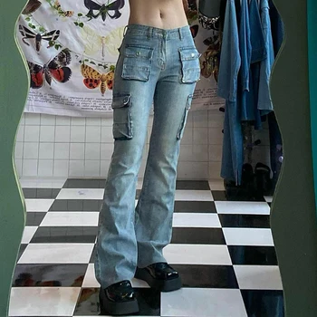 Retro Naiste Teksad Y2K Magus Tüdruk Säärised Taskud Ilus Vabaaja High Street Harajuku Püksid Kevadel Keskel talje Vintage Püksid