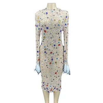 Rhinestone Seksikas Multi-värvi Kristallid Läbipaistev Lühike Kleit Ballile Partei Sünnipäeva Õhtul Tantsija ja Laulja Kostüüm