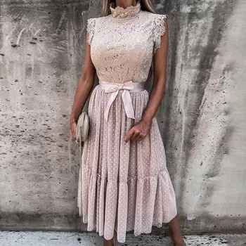 Stiilne Naiste Kleit Elegantne Peidetud Tõmblukk Vibu Decor Vt-läbi Pitsi Suur Hem Pidulik Kleit