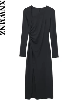 XNWMNZ 2023 Naiste Mood Asümmeetriline Kaelus Kleit Naine Vintage Pikad Varrukad Plisseeritud Pool Slim Fit Naiste Midi Kleidid