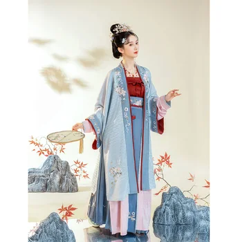 ZhongLingJi Sügisel Hiina Traditsiooniline Kleit Song Dynasty Toru Peal Lille Tikand Sinine Hanfu Naiste Kleit Sobiks Plisseeritud Seelik