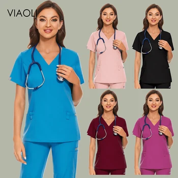 Õde Ühtne Naiste Lühikesed Varrukad, V-kaelus Tops T-särk, Slim Fit Spa Uniformes Clinicos Mujer Lady Õde Tops ilusalong Töörõivad