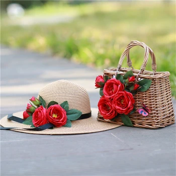 Õie Õled Totes Hat Set Vintage Naiste Randa Kotid Mood Suvel Punased Kotid Straw Hat Käsitsi valmistatud Lille Kotid Reisi Puhkus